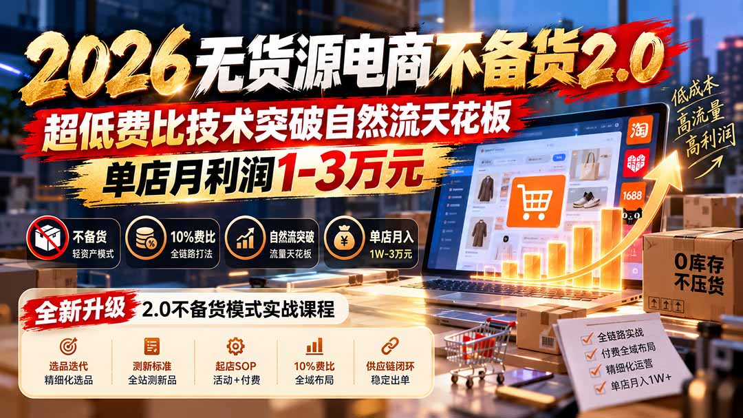 2026无货源电商不备货2.0【更新1010】:超低费比技术突破自然流天花板,单店月利润1-3万元-程拾网络