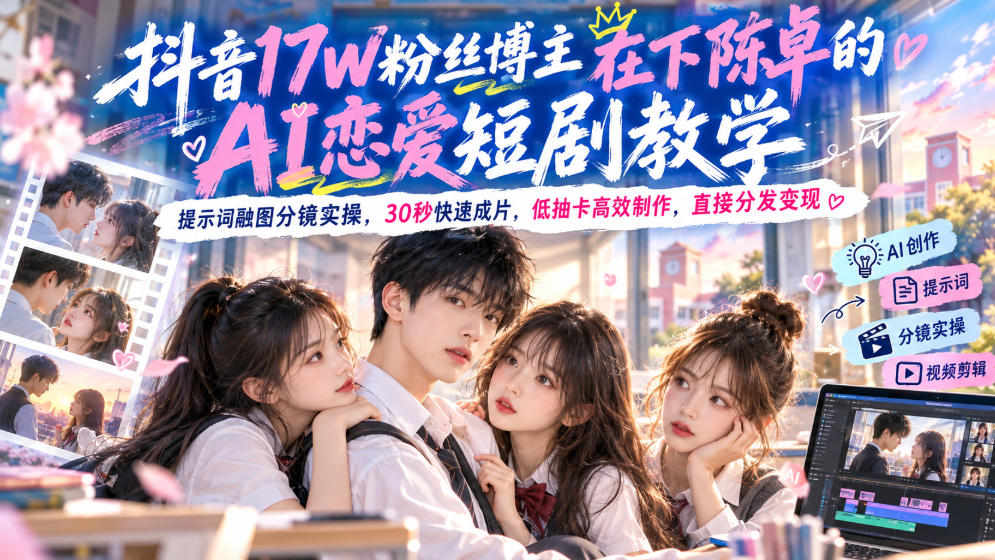【精】抖音17W粉丝博主在下陈卓的AI恋爱短剧教学,提示词融图分镜实操,30秒快速成片,低抽卡高效制作,直接分发变现-程拾网络