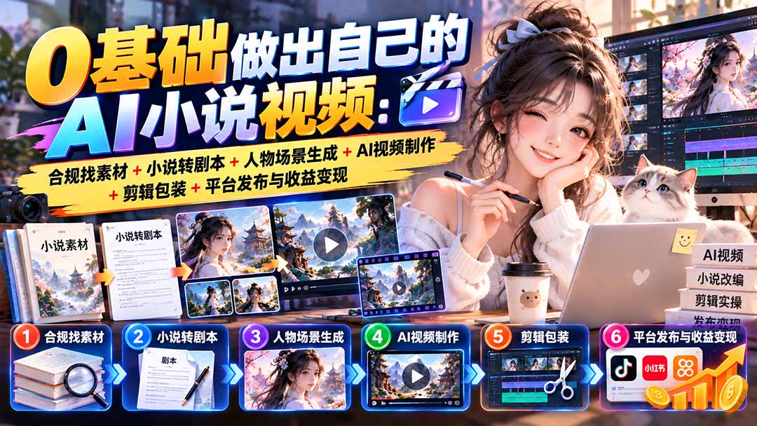 0基础做出自己的AI小说视频：合规找素材+小说转剧本+人物场景生成+AI视频制作+剪辑包装+平台发布与收益变现-程拾网络