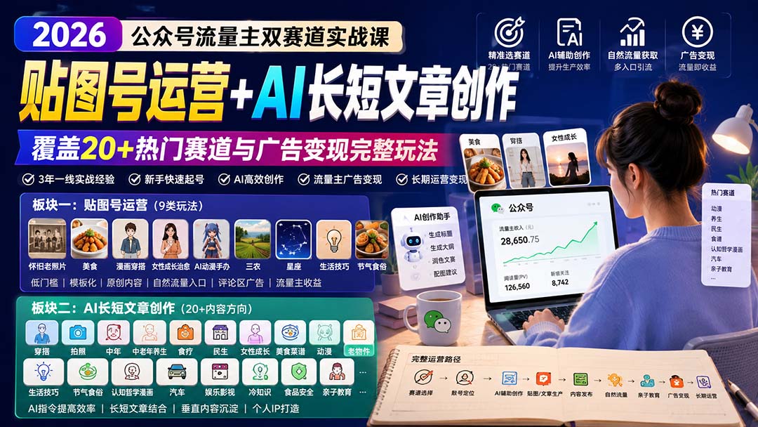 公众号流量主双赛道实战课：贴图号运营+AI长短文章创作，覆盖20+热门赛道与广告变现完整玩法-程拾网络