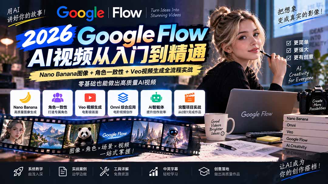 【无水印】Google Flow AI视频从入门到精通:Nano Banana图像+角色一致性+Veo视频生成全流程实战-精翻中英字幕-程拾网络