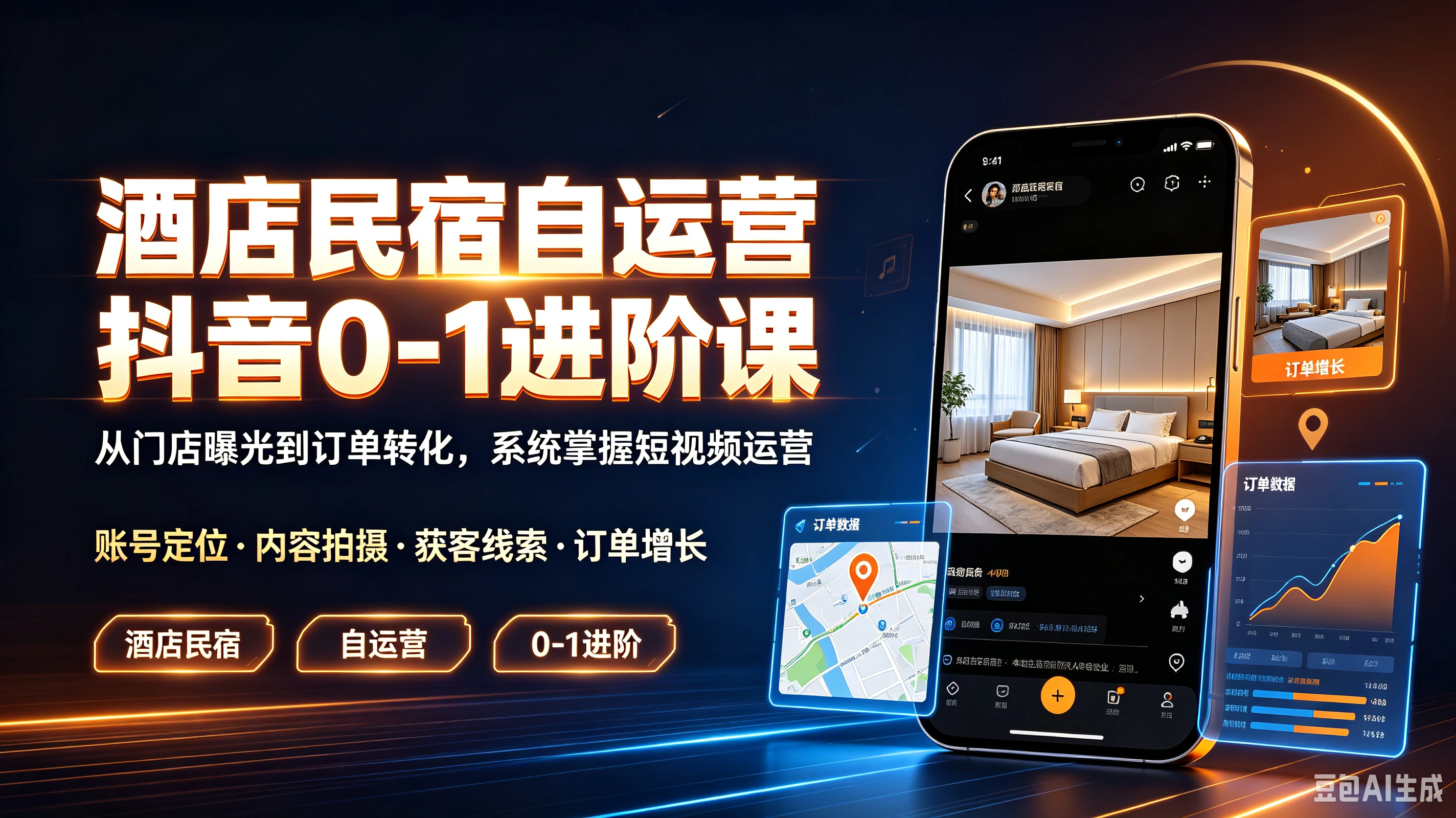 【精】酒店民宿自运营抖音0-1进阶课，从门店曝光到订单转化，系统掌握短视频运营账号定位·内容拍摄·获客线索·订单增长-程拾网络