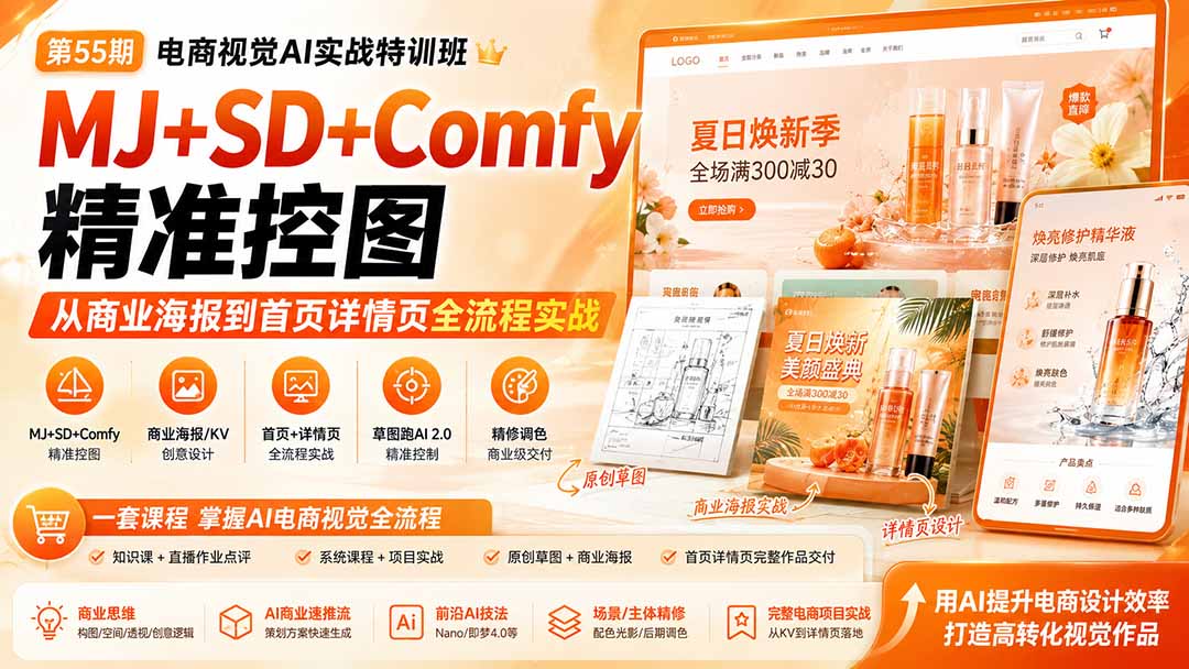电商视觉 AI实战训练营第55期：MJ+SD+Comfy精准控图，从商业海报到首页详情页全流程实战-程拾网络