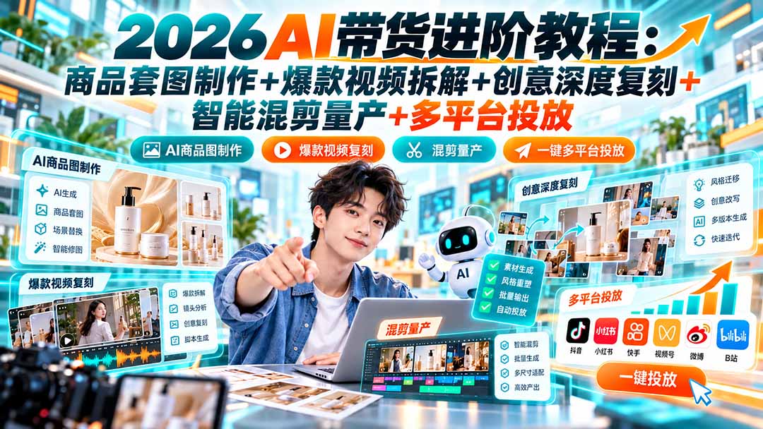 2026AI带货进阶教程：商品套图制作+爆款视频拆解+创意深度复刻+智能混剪量产+多平台投放-程拾网络