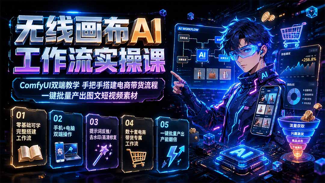 无线画布AI工作流实操课｜ComfyUI双端教学，手把手搭建电商带货流程，一键批量产出图文短视频素材-程拾网络