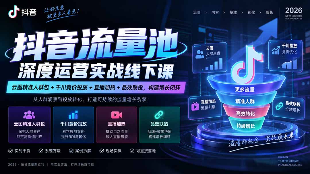 抖音流量池深度运营实战线下课｜云图精准人群包+千川竞价投放+直播加热+品效联投，构建增长闭环-程拾网络