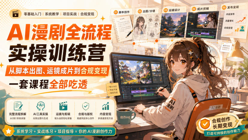 【精】青云AI漫剧实操课，AI漫剧全流程实操训练营，从脚本出图、运镜成片到合规变现，一套课程全部吃透-程拾网络