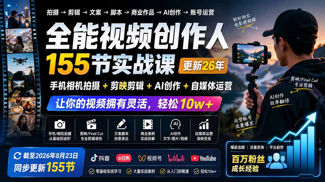 全能视频创作人155节实战课-更新26年8月：手机相机拍摄+剪映剪辑+AI创作+自媒体运营，让你的视频拥有灵活，轻松10w-程拾网络