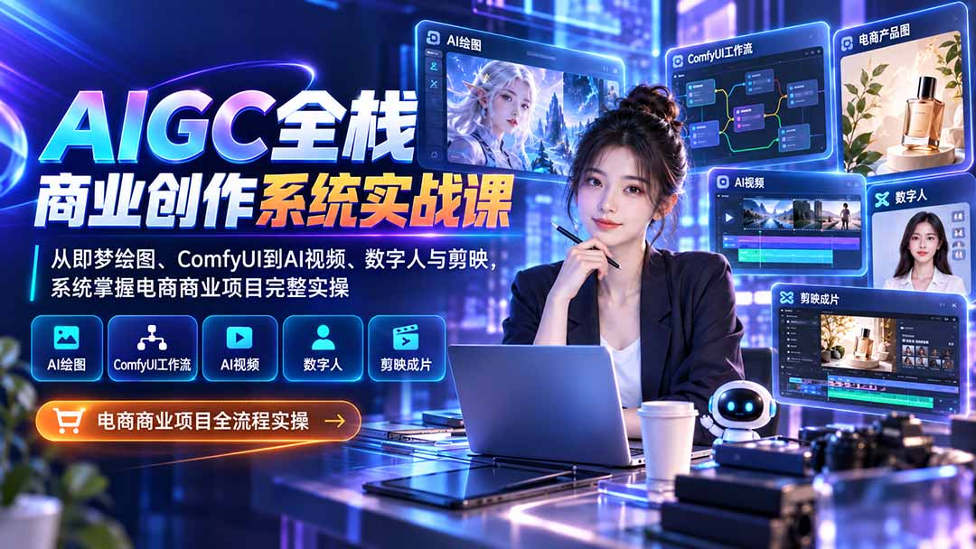AIGC全栈商业创作系统实战课-无水印：从即梦绘图、ComfyUI到AI视频、数字人与剪映，系统掌握电商商业项目完整实操-程拾网络