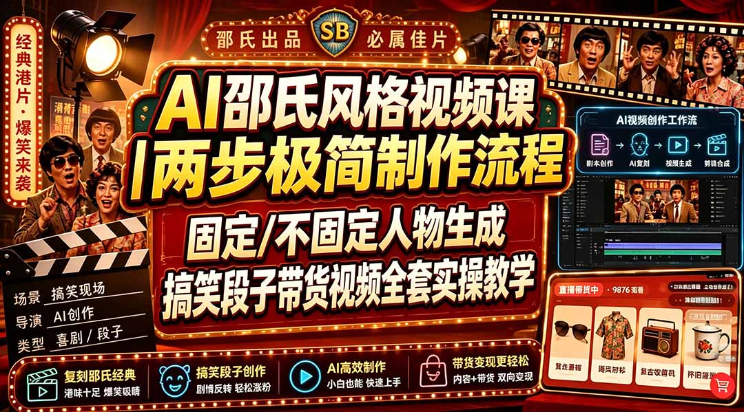 AI邵氏风格视频课｜两步极简制作流程，固定/不固定人物生成，搞笑段子带货视频全套实操教学-程拾网络