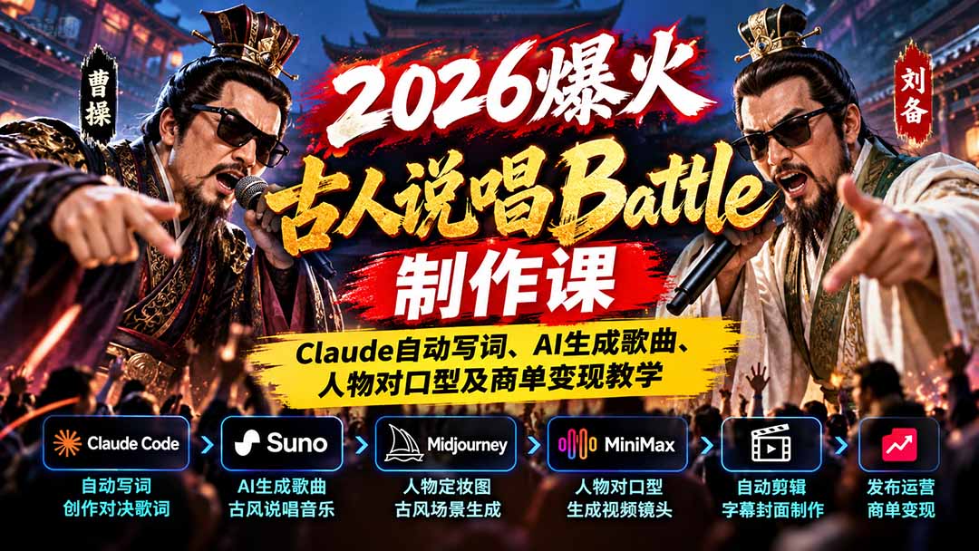2026爆火古人说唱Battle制作课：Claude自动写词、AI生成歌曲、人物对口型及商单变现教学-程拾网络