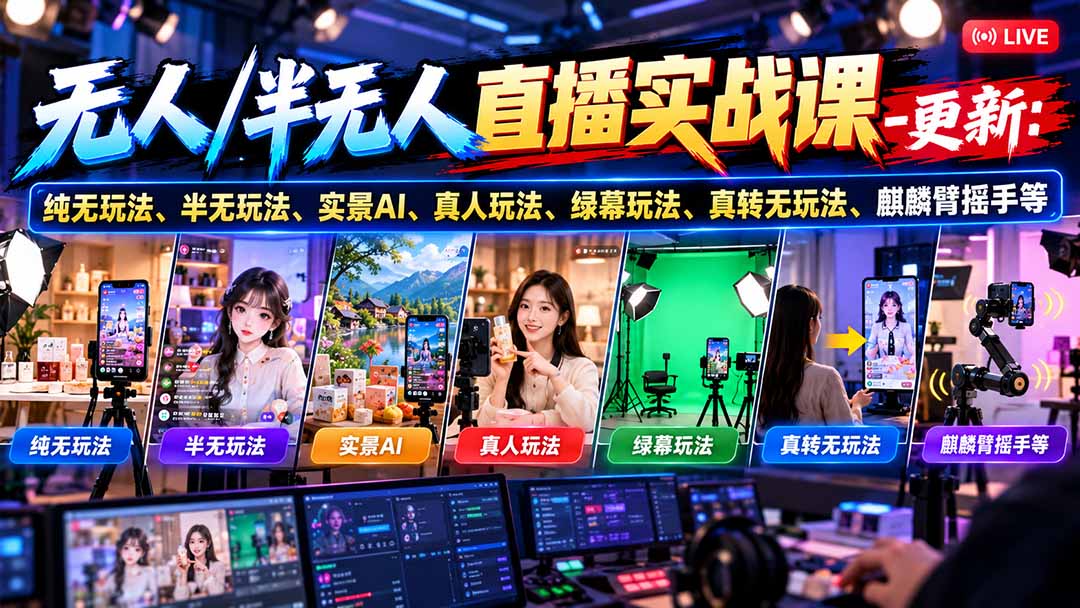 无人/半无人直播实战课-10月20更新:纯无玩法、半无玩法、实景AI、真人玩法、绿幕玩法、真转无玩法、麒麟臂摇手等-程拾网络