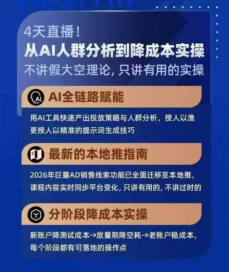 2026巨量AD本地推线索获客全流程实战课-33期:AI人群分析、账户搭建、7天测试、分阶段降本与投放优化-程拾网络
