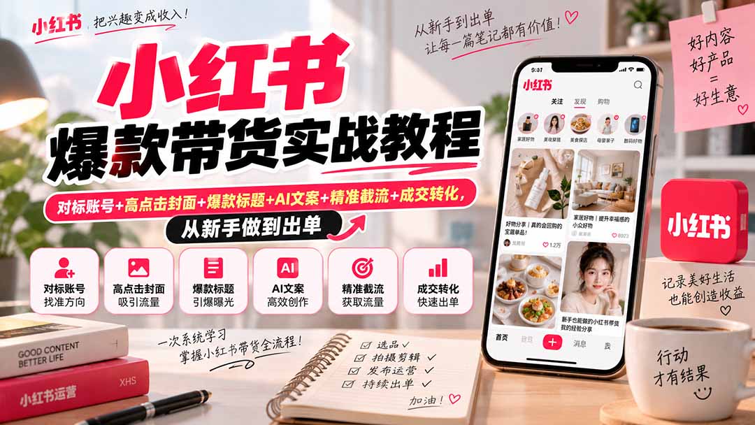 小红书爆款带货实战教程｜对标账号+高点击封面+爆款标题+AI文案+精准截流+成交转化，从新手做到出单-程拾网络