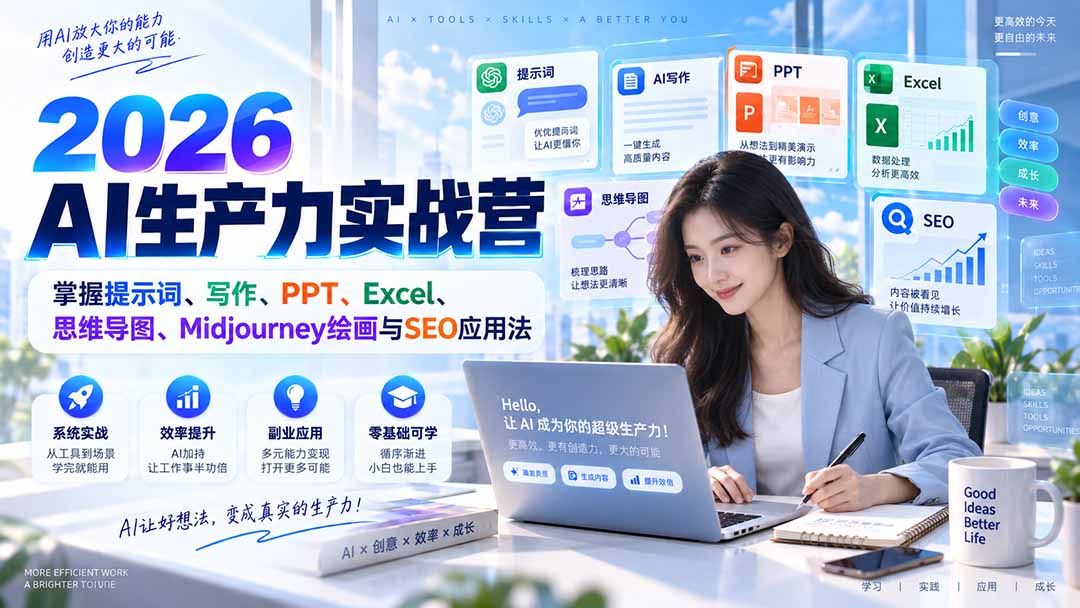 2026AI生产力实战营：掌握提示词、写作、PPT、Excel、思维导图、Midjourney绘画与SEO应用法-程拾网络