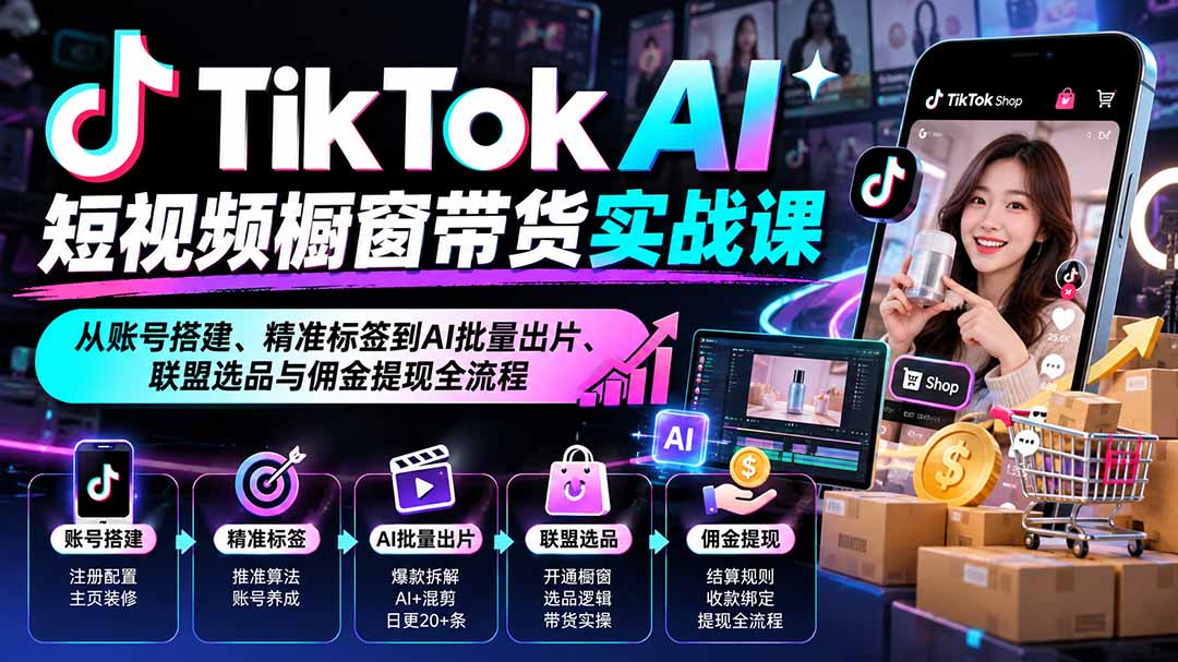TikTok AI短视频橱窗带货实战课:从账号搭建、精准标签到AI批量出片、联盟选品与佣金提现全流程-程拾网络