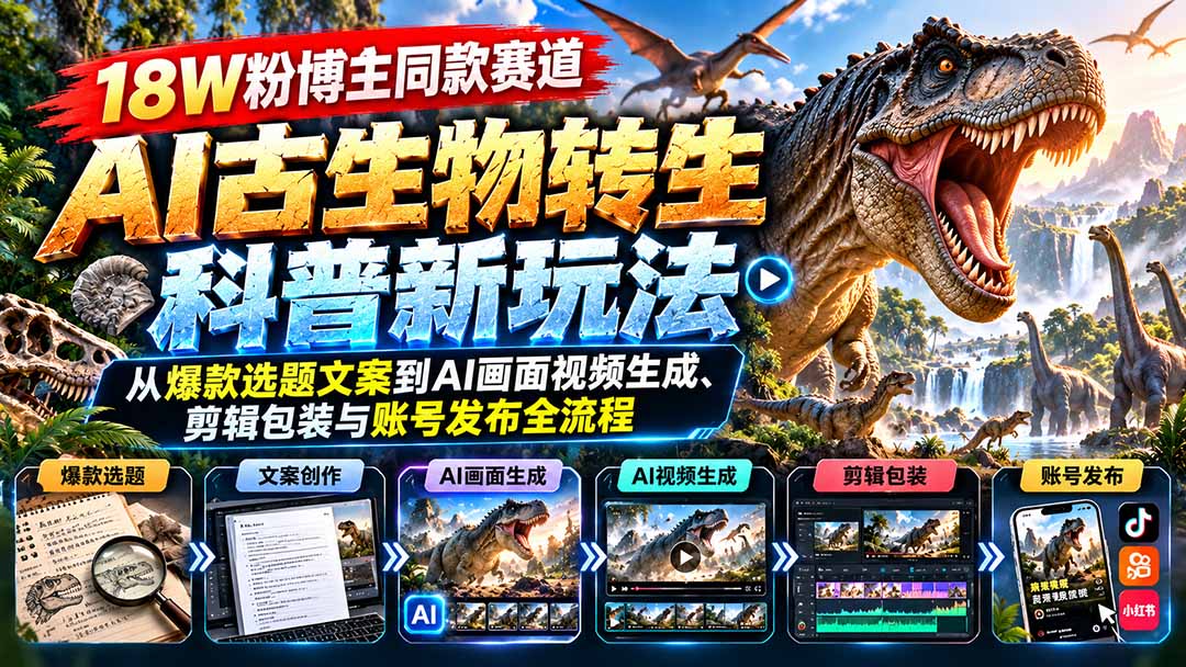 18W粉博主同款赛道-AI古生物转生科普新玩法:从爆款选题文案到AI画面视频生成、剪辑包装与账号发布全流程-程拾网络
