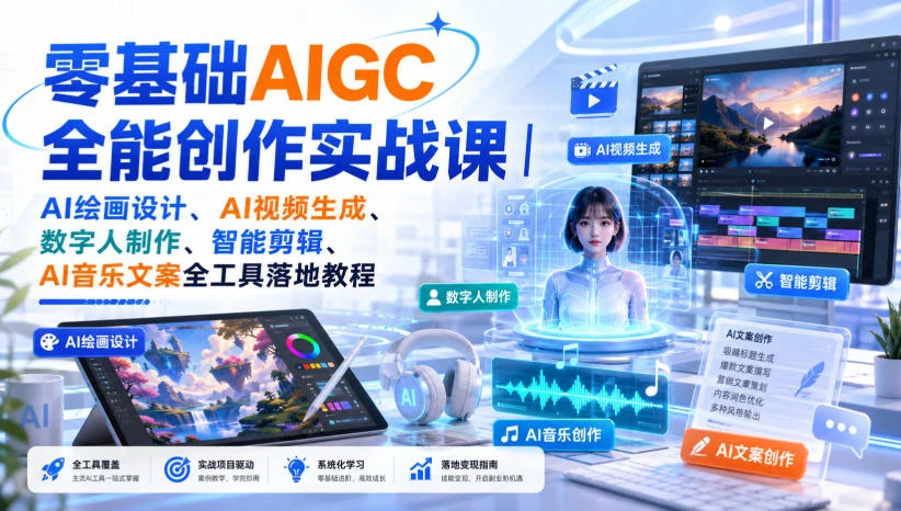 【精】零基础AIGC全能创作实战课｜AI绘画设计、AI视频生成、数字人制作、智能剪辑、AI音乐文案全工具落地教程-程拾网络