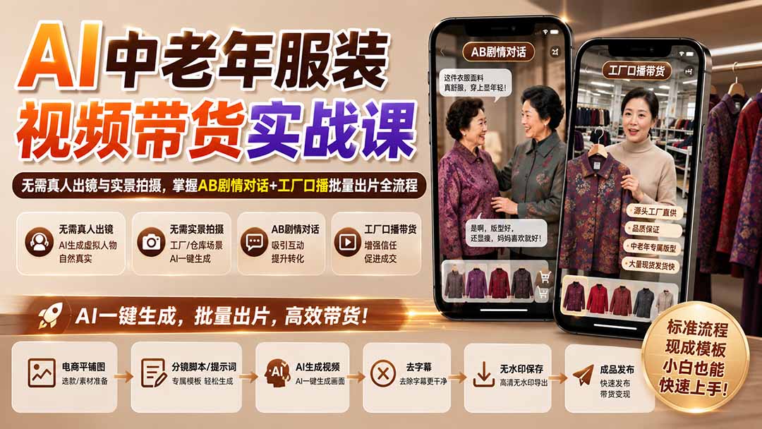 AI中老年服装视频带货实战课：无需真人出镜与实景拍摄，掌握AB剧情对话+工厂口播批量出片全流程-程拾网络