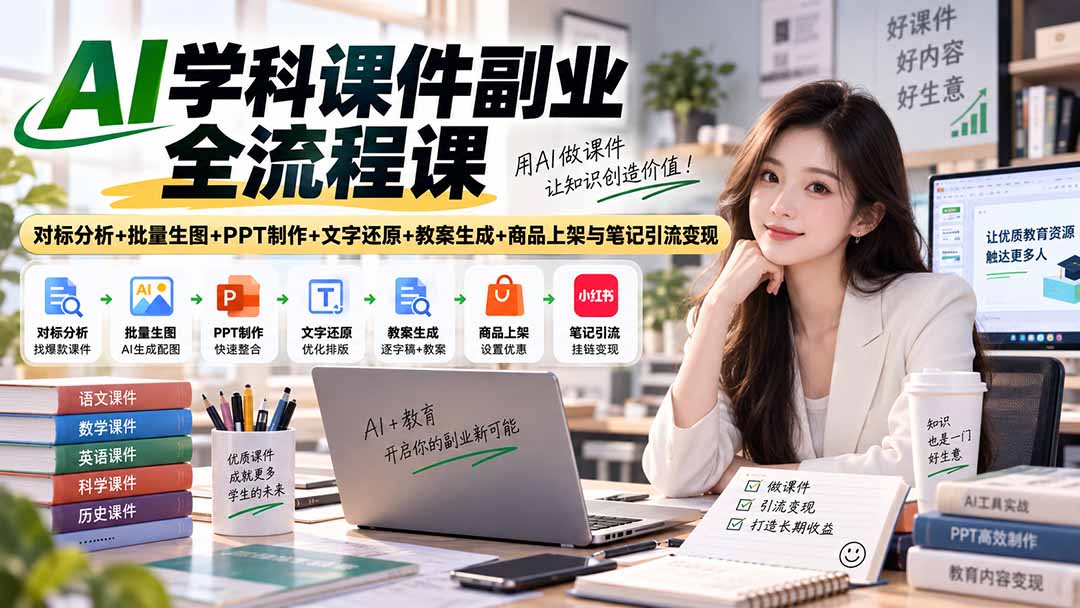 AI学科课件副业全流程课｜对标分析+批量生图+PPT制作+文字还原+教案生成+商品上架与笔记引流变现-程拾网络