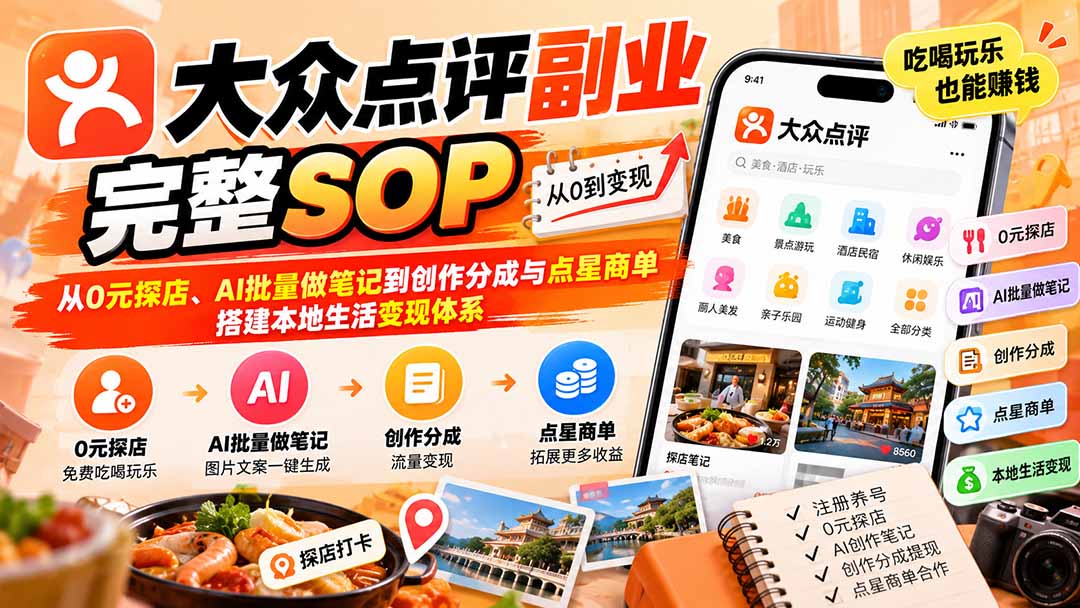 【无水印】大众点评副业完整SOP：从0元探店、AI批量做笔记到创作分成与点星商单，搭建本地生活变现体系-程拾网络