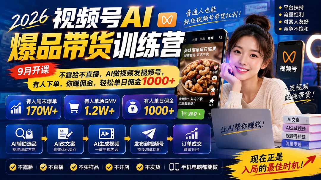 图片[1]-2026视频号AI爆品带货训练营-9月开课｜不露脸不直播，AI做视频发视频号，有人下单，你赚佣金，轻松单日佣金1000+-程拾网络