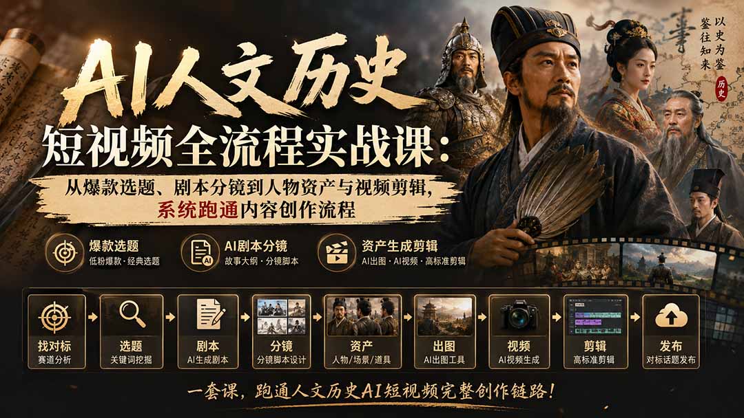 AI人文历史短视频全流程实战课-更新：从爆款选题、剧本分镜到人物资产与视频剪辑，系统跑通内容创作流程-程拾网络