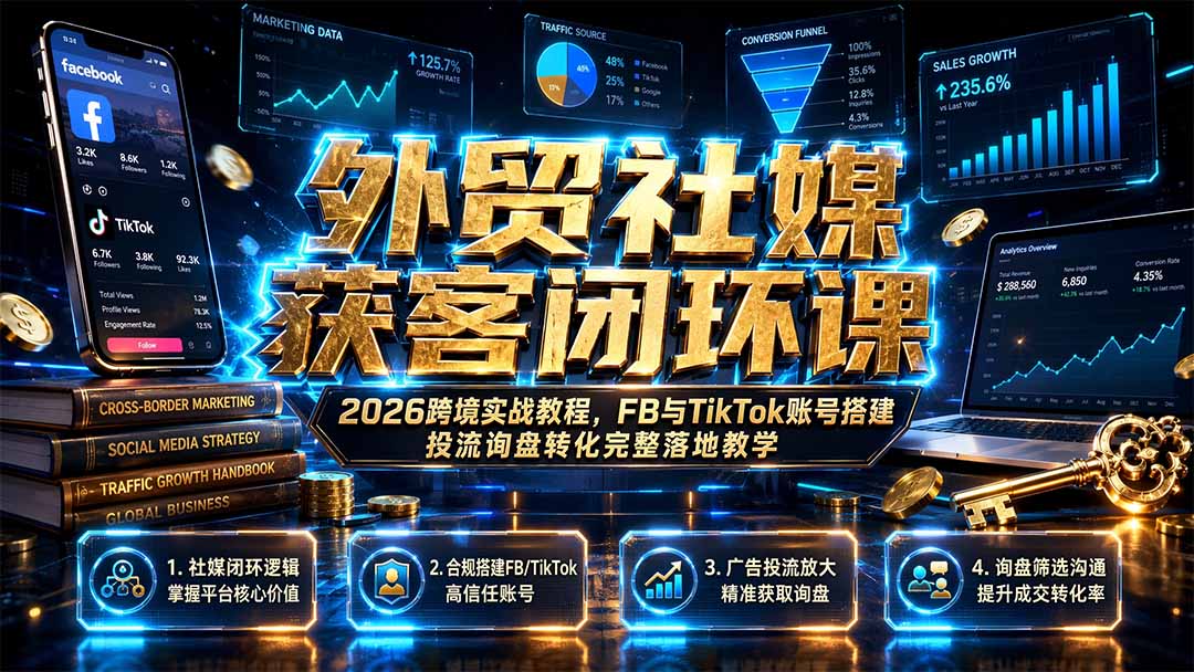 外贸社媒获客闭环课｜2026跨境实战教程，FB与TikTok账号搭建投流询盘转化完整落地教学-程拾网络