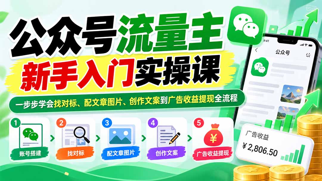 公众号流量主新手入门实操课:一步步学会找对标、配文章图片、创作文案到广告收益提现全流程-程拾网络