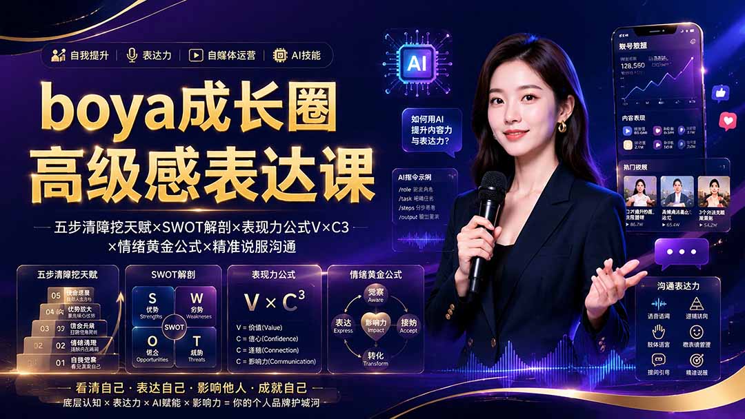 boya成长圈｜内心成长高级表达AI自媒体三合一，消解内耗挖掘天赋，镜头沟通AI指令短视频全流程教学-程拾网络