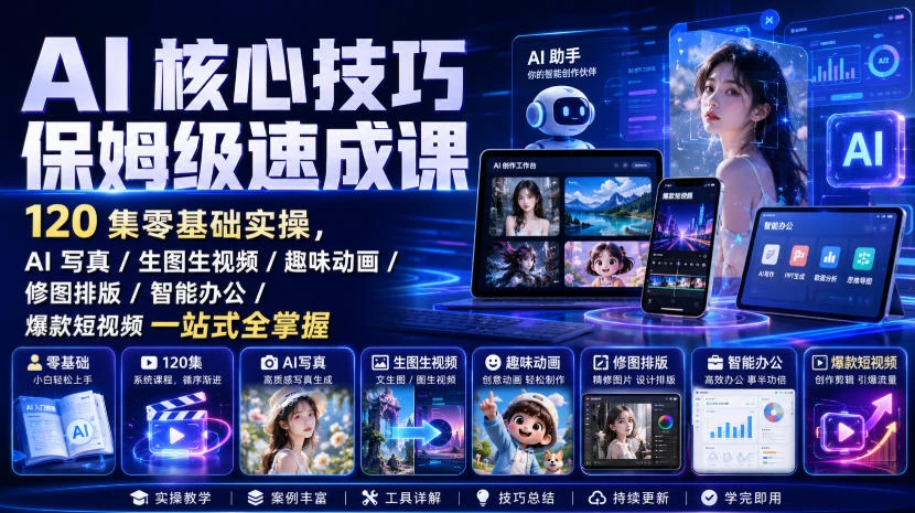 【精】AI核心技巧保姆级速成课｜120集零基础实操，AI写真/生图生视频/趣味动画/修图排版/智能办公/爆款短视频一站式全掌握（更新）-程拾网络