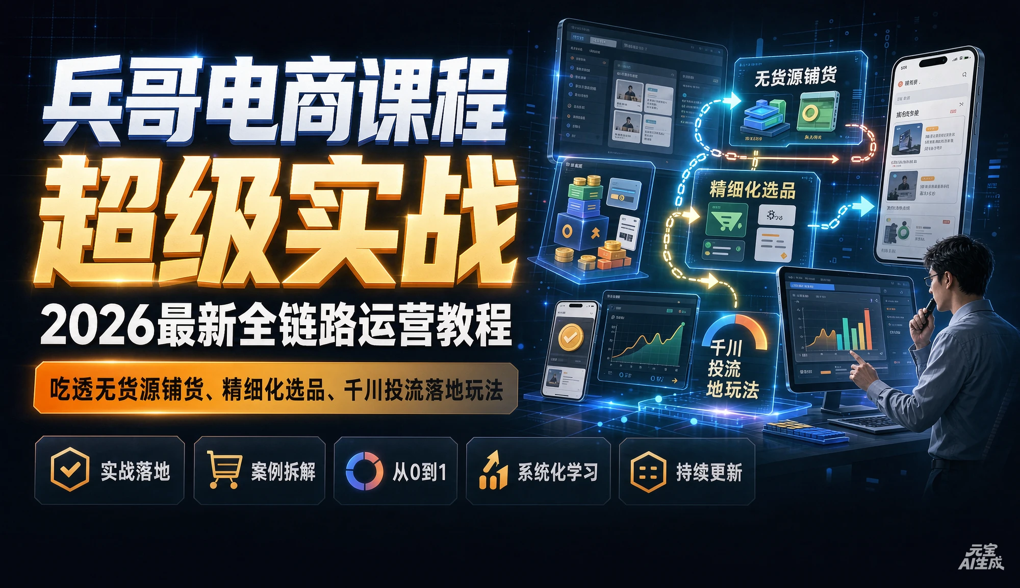 【精】兵哥电商课程超级实战,2026最新全链路运营教程,吃透无货源铺货、精细化选品、千川投流落地玩法-程拾网络