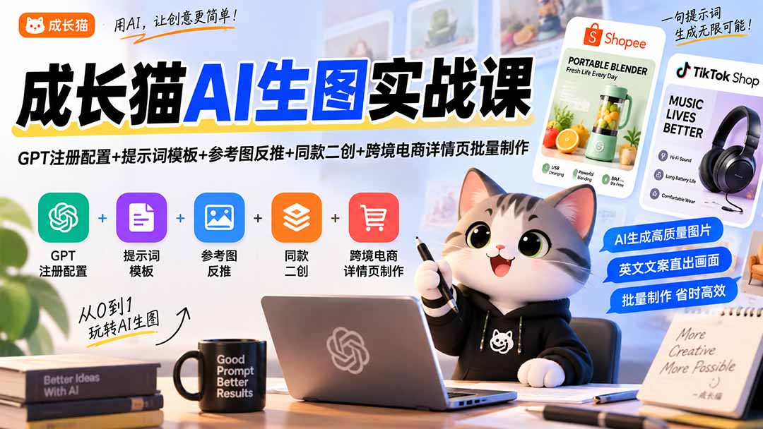 成长猫AI生图实战课｜GPT注册配置+提示词模板+参考图反推+同款二创+跨境电商详情页批量制作-程拾网络