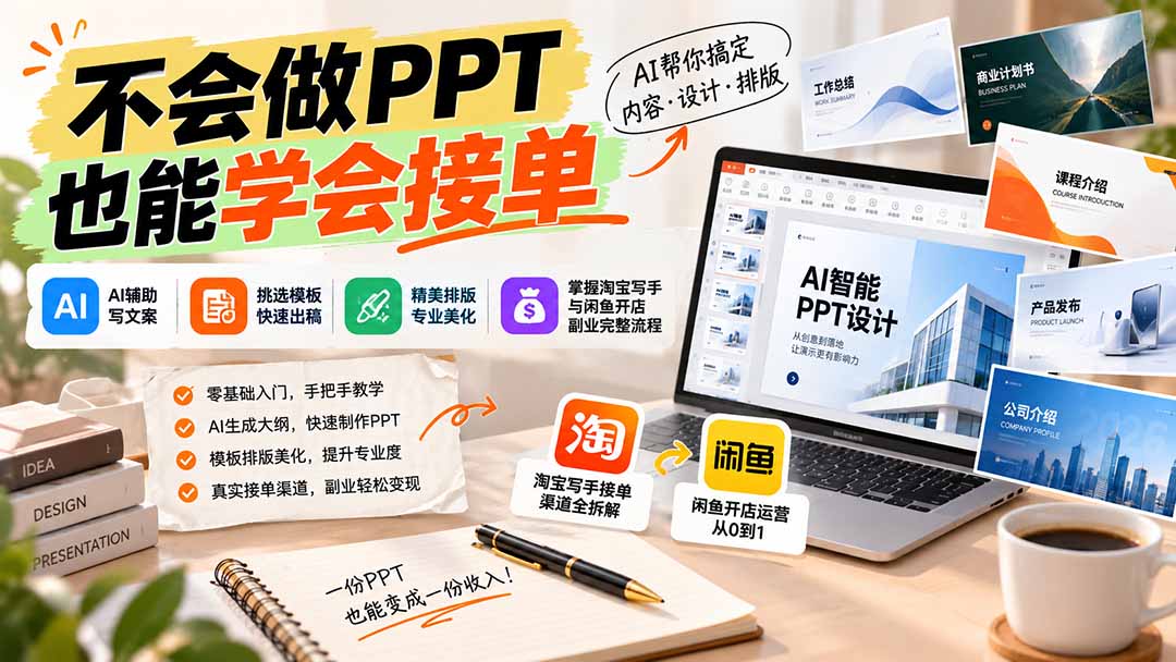 不会做PPT也能学会接单:AI辅助写文案、挑模板、做排版,掌握淘宝写手与闲鱼开店副业完整流程-程拾网络