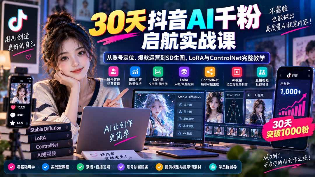 （20291期）30天抖音AI千粉启航实战课：从账号定位、爆款运营到SD生图、LoRA与ControlNet完整教学-程拾网络