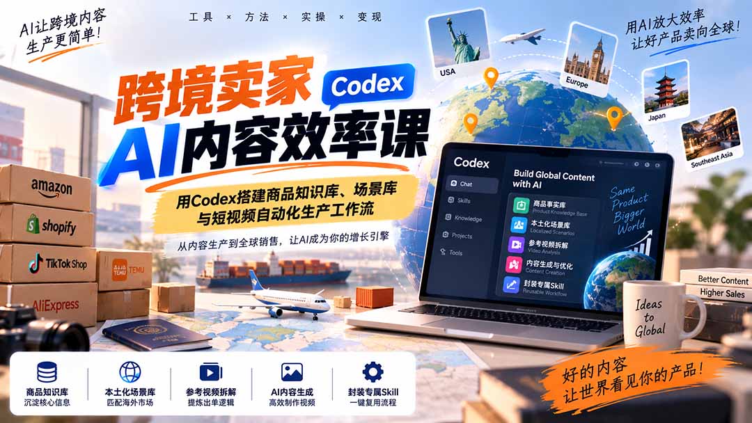 跨境卖家AI内容效率课：用Codex搭建商品知识库、场景库与短视频自动化生产工作流-程拾网络