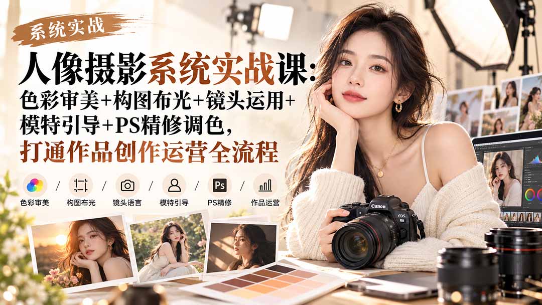 【无水印】人像摄影系统实战课：色彩审美+构图布光+镜头运用+模特引导+PS精修调色，打通作品创作运营全流程-程拾网络