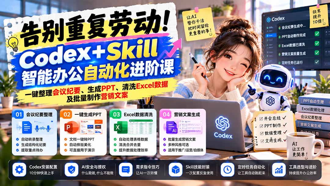 告别重复劳动!Codex+Skill智能办公自动化进阶课:一键整理会议纪要、生成PPT、清洗Excel数据及批量制作营销文案-程拾网络