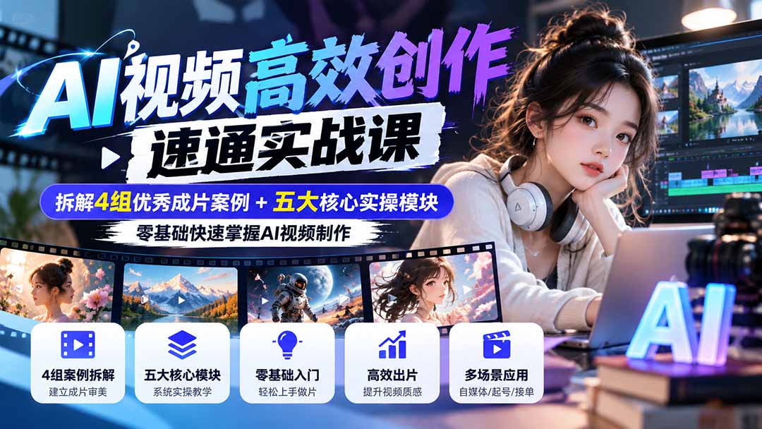 【无水印】AI视频高效创作速通实战课:拆解4组优秀成片案例+五大核心实操模块,零基础快速掌握AI视频制作-程拾网络