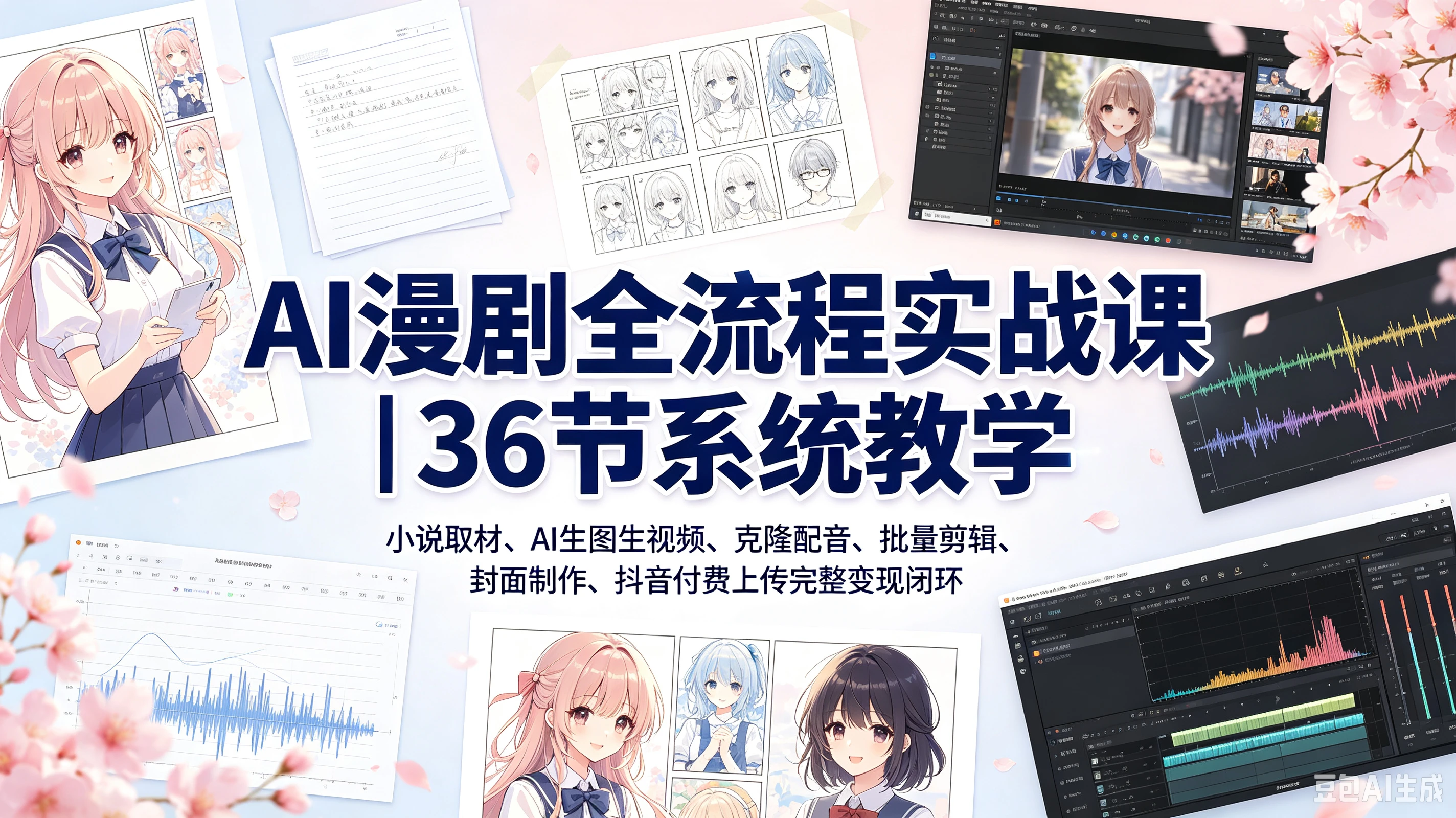 AI漫剧全流程实战课｜36节系统教学，小说取材、AI生图生视频、克隆配音、批量剪辑、封面制作、抖音付费上传完整变现闭环-程拾网络
