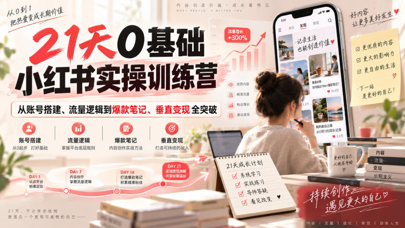 【精】21天0基础小红书实操训练营｜从账号搭建、流量逻辑到爆款笔记、垂直变现全突破-程拾网络