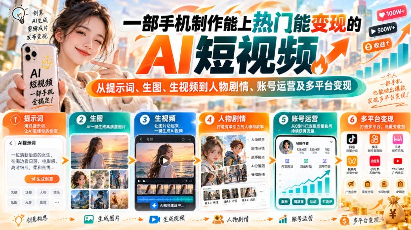 【精】一部手机制作能上热门能变现的AI短视频,从提示词、生图、生视频到人物剧情、账号运营及多平台变现-程拾网络