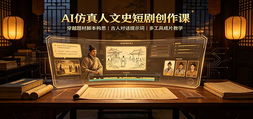 AI仿真人文史短剧创作课：穿越题材脚本构思，古人对话提示词，多工具成片教学-程拾网络