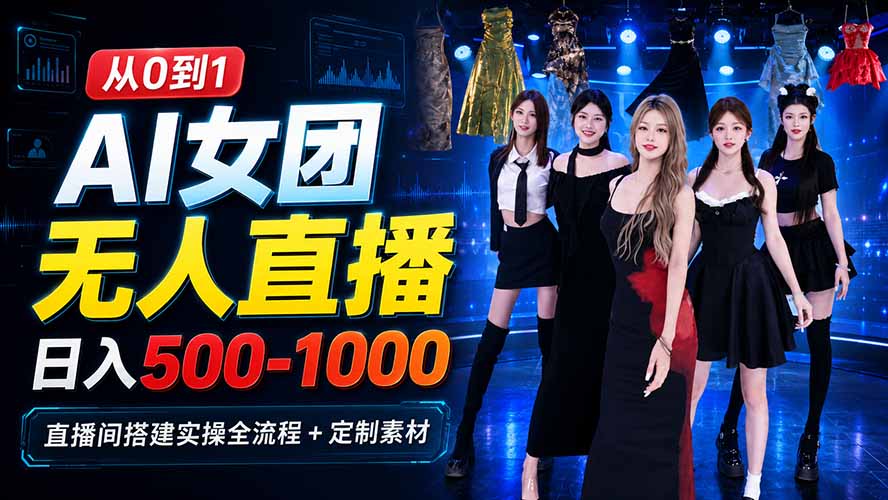 AI 女团无人直播，躺入500-1000每天，直播间搭建实操全流程+定制素材-程拾网络