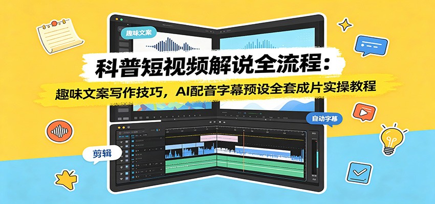 【精】科普短视频解说全流程：趣味文案写作技巧，AI配音字幕预设全套成片实操教程-程拾网络