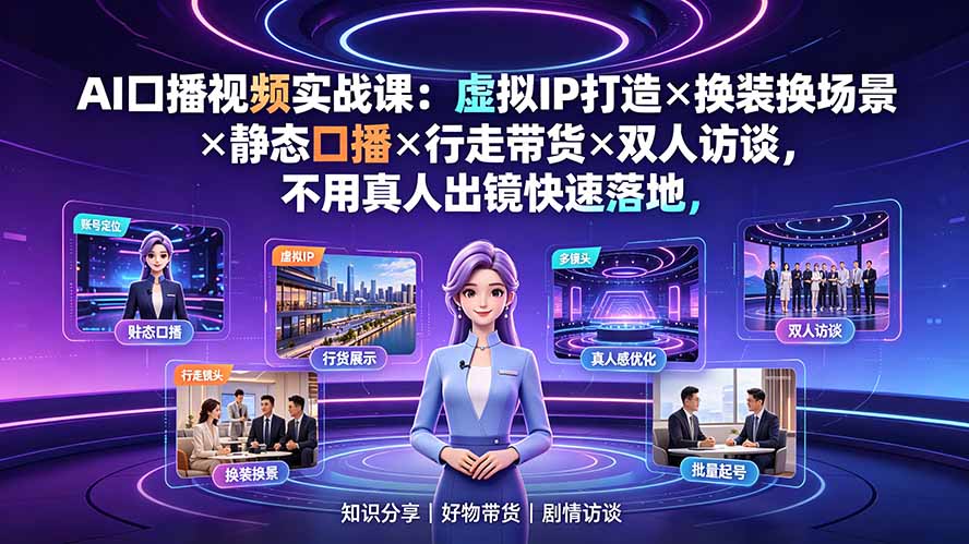 【精】AI口播视频实战课：虚拟IP打造×换装换场景×静态口播×行走带货×双人访谈，不用真人出镜快速落地-程拾网络