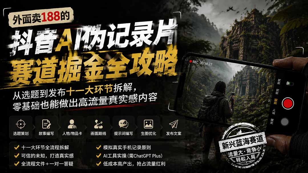 外面卖188的抖音AI伪记录片赛道掘金全攻略;从选题到发布十一大环节拆解,零基础也能做出高流量真实感内容-程拾网络