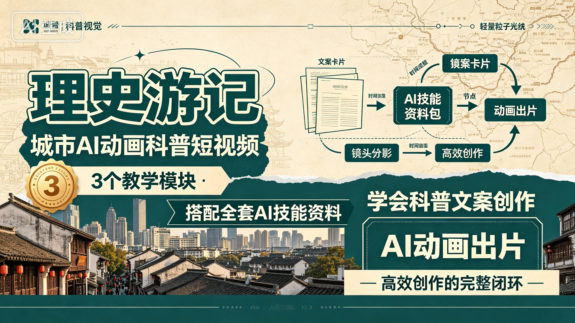 理史游记 – 城市AI动画科普短视频,带你通过3个教学模块搭配全套AI技能资料,学会科普文案创作与AI动画出片实现高效创作的完整闭环-程拾网络