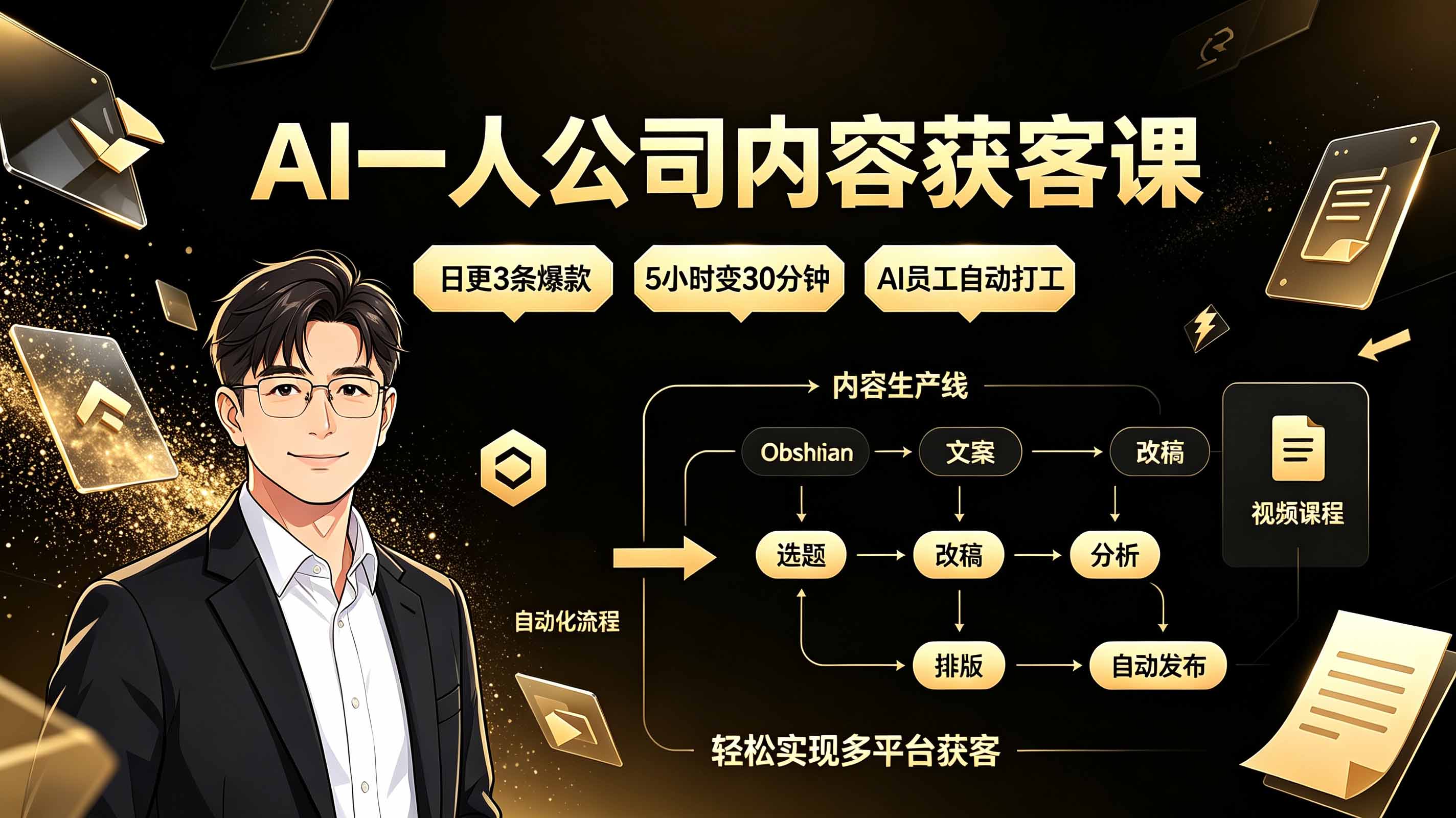AI一人公司内容获客课：日更3条爆款×5小时变30分钟×AI员工自动打工，轻松实现多平台获客-程拾网络