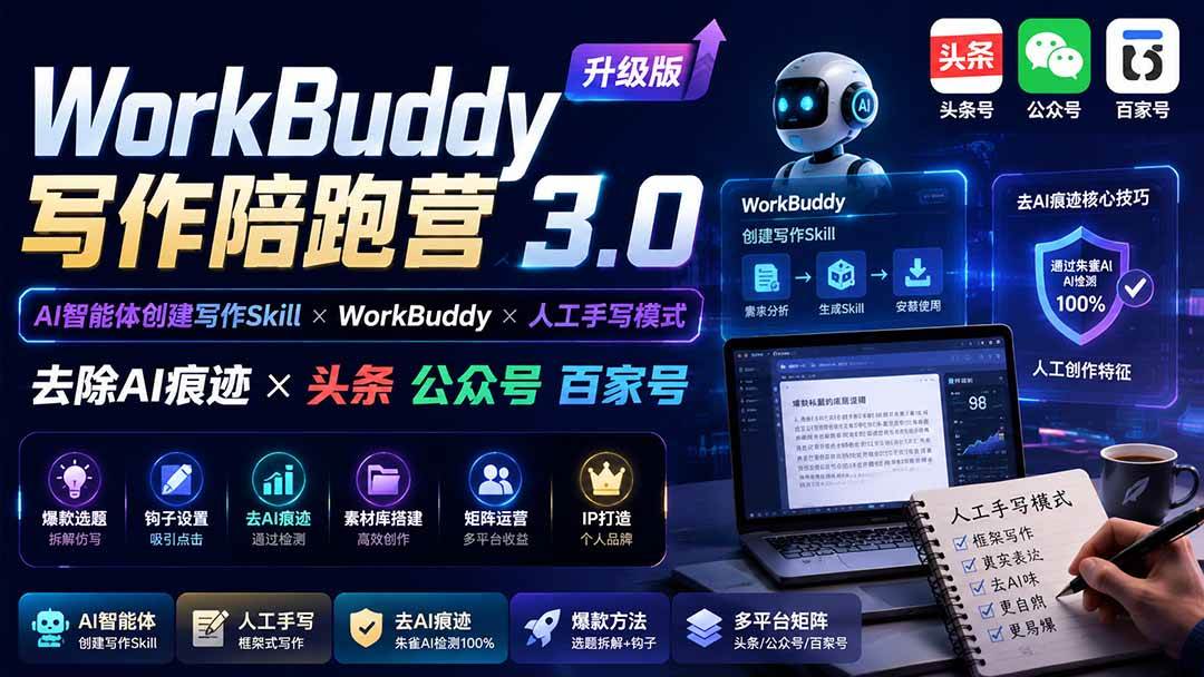 （20311期）WorkBuddy写作陪跑营3.0-更新：Ai智能体创建写作Skill×WorkBuddy×人工手写模式×去除AI痕迹×头条公众号百家号-程拾网络